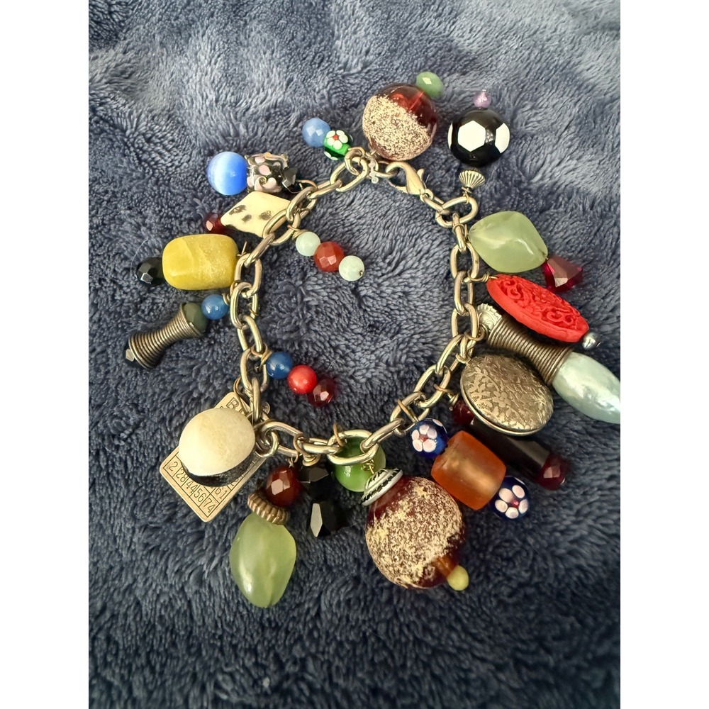 Vintage Style Eclectic Charm Bracelet Bingo‎ Card Millefiori Glass Stone Multi